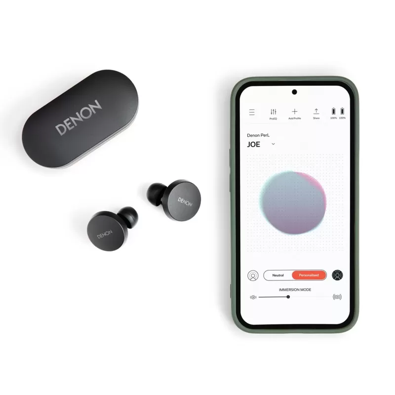 cuffie wireless in-ear hifi, Denon PerL, vista cuffie, custodia ricarica e app